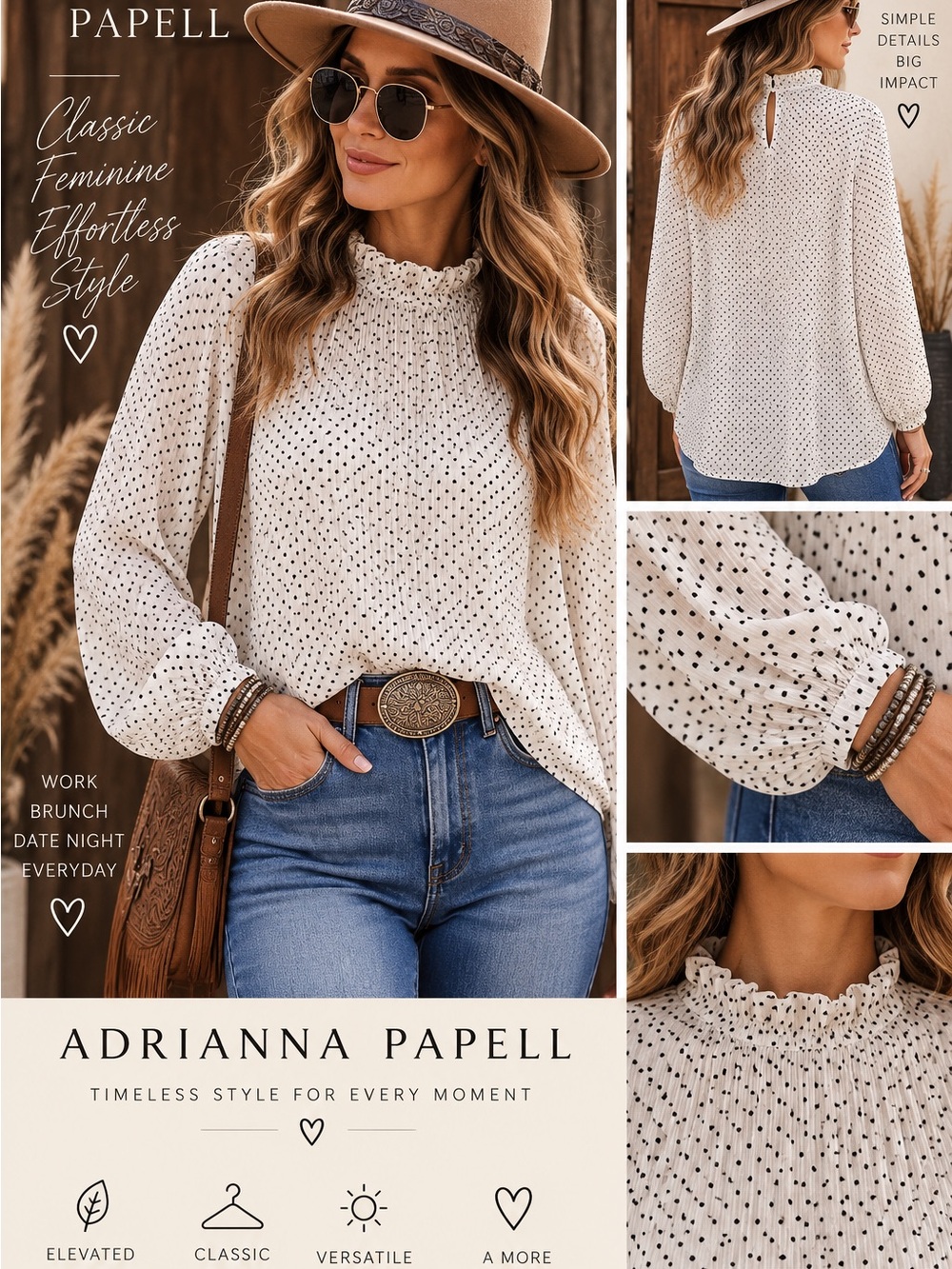 Adrianna Papell White Blouse with Black Dot Print
